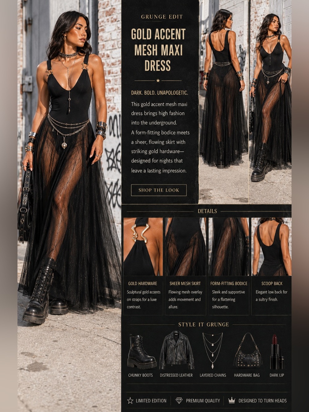 Gold Accent Black Mesh Maxi Dress - Grunge Edit